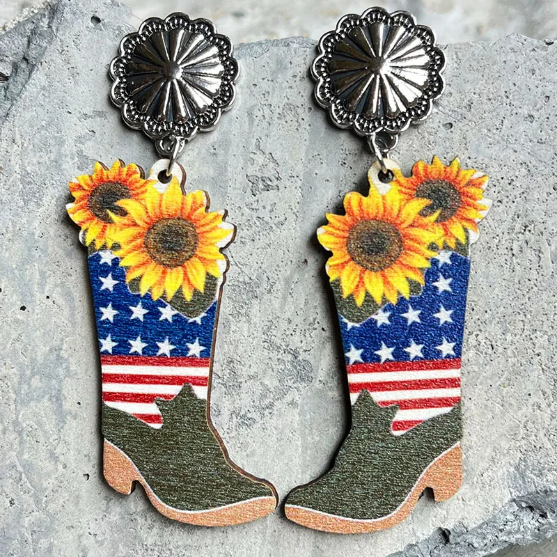 4th of July sunflower cowboy boots earrings