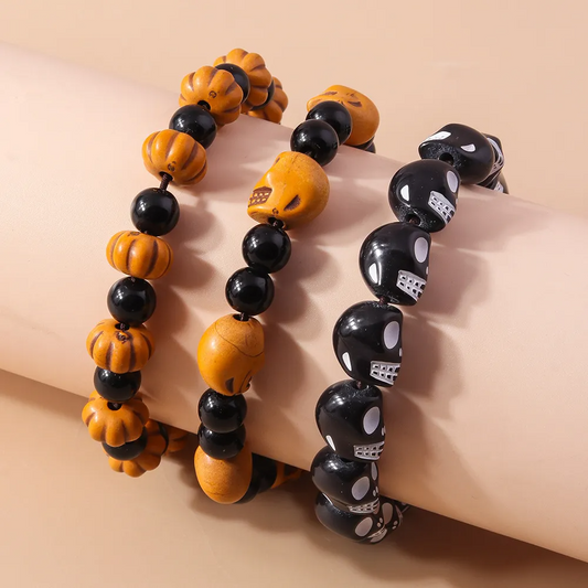 Halloween Fun Skull Pumpkin Beaded Bracelet