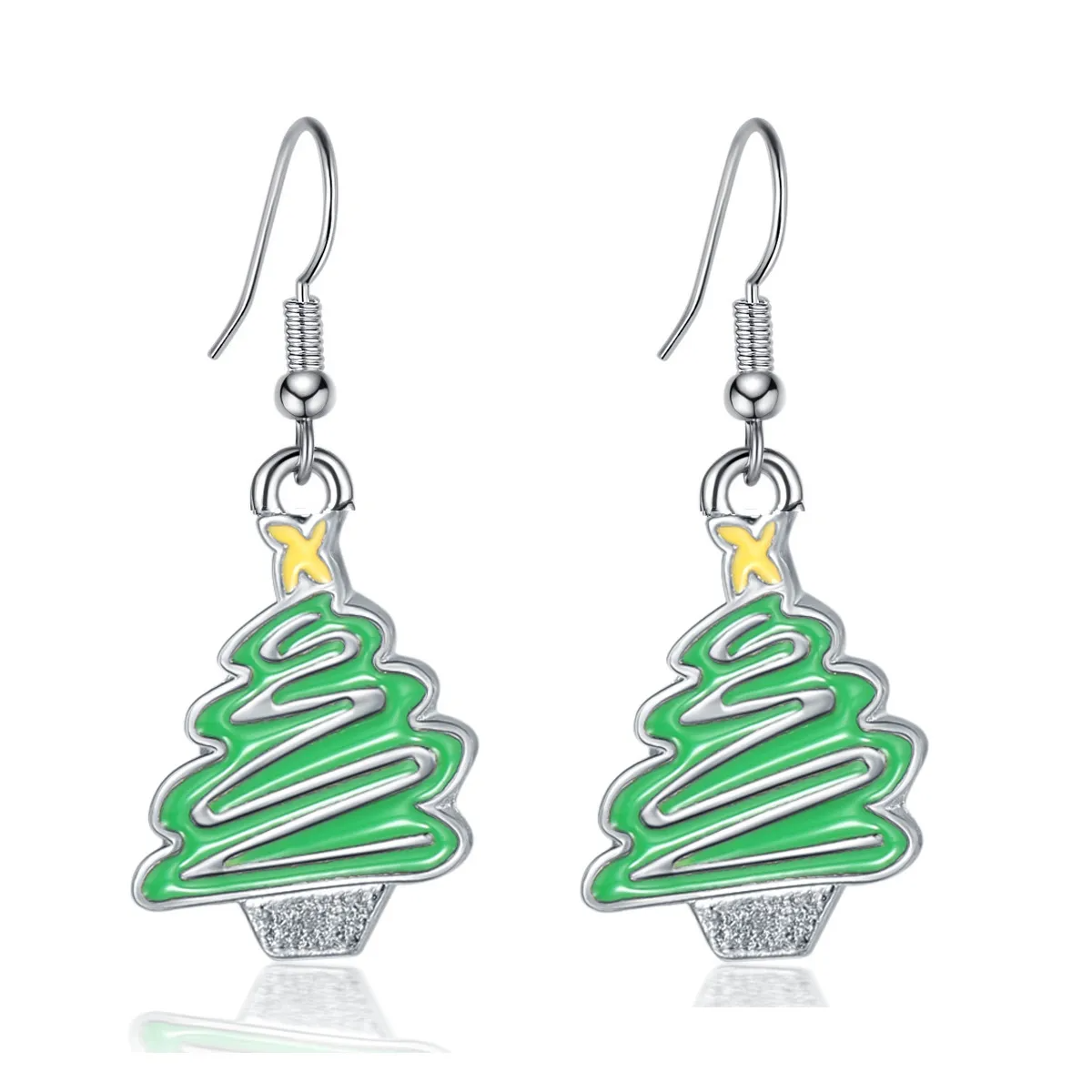 Petite Green Snow Christmas Tree Dangling Earrings