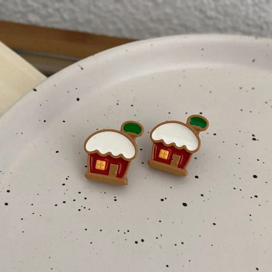 Christmas Cartoon Snow House Stud Earrings