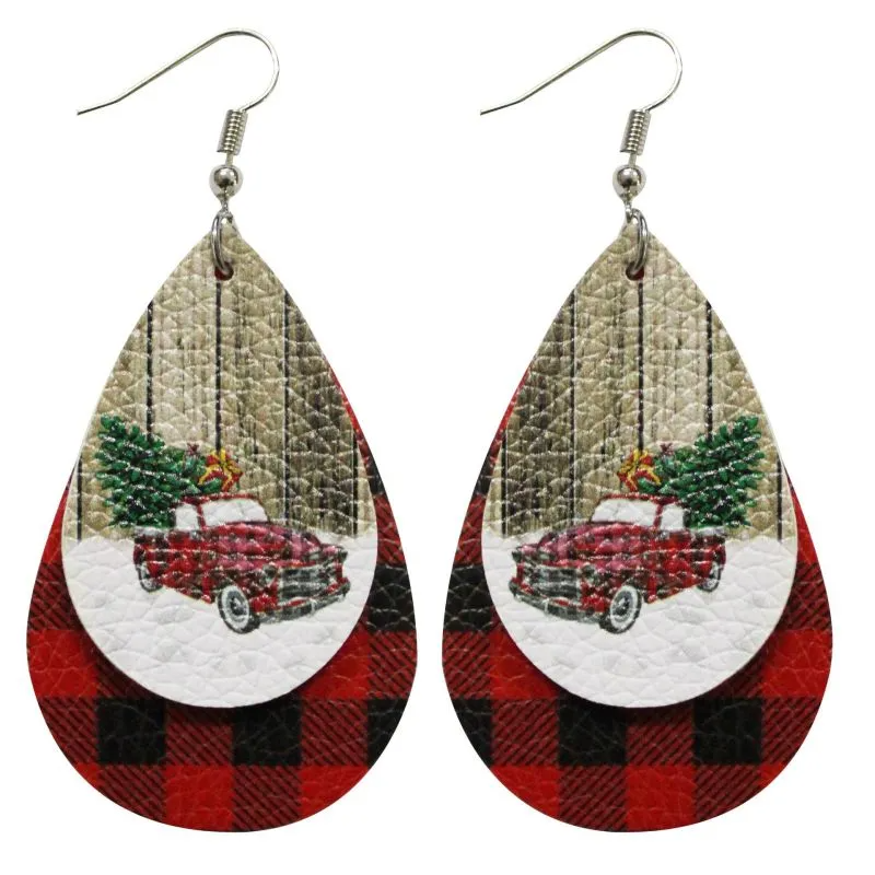 Double Decked Leather Christmas Truck Earrings