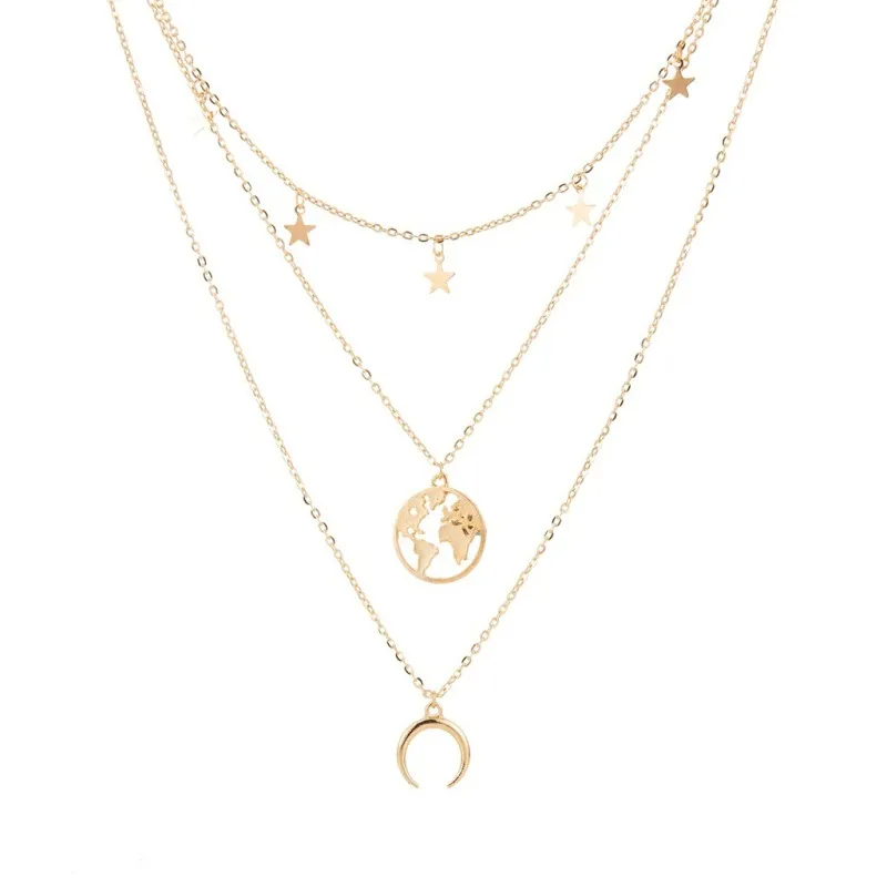 Multilayer star, moon, and earth necklace